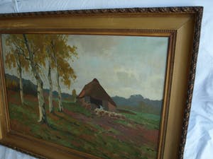 Andries Verleur - Groot olieverfschilderij, Landschap met schaapskooi – ingelijst – 1917 kopen? Bied vanaf 1!