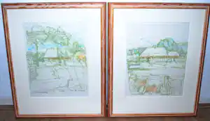 Jan de Hamer - 2 prachtig ingelijste pasteltekeningen boerderijen verkocht voor € 60!