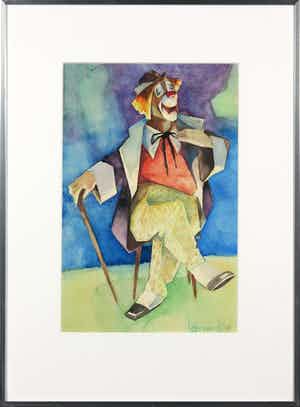 Krijn van Dijke - Aquarel, Hier ben ik/ Clown - Ingelijst verkocht voor € 35!