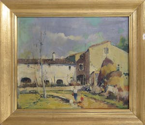 Niet of onleesbaar gesigneerd - Olieverf op doek, Gezicht op boerenerf - Ingelijst kopen? Bied vanaf 1!