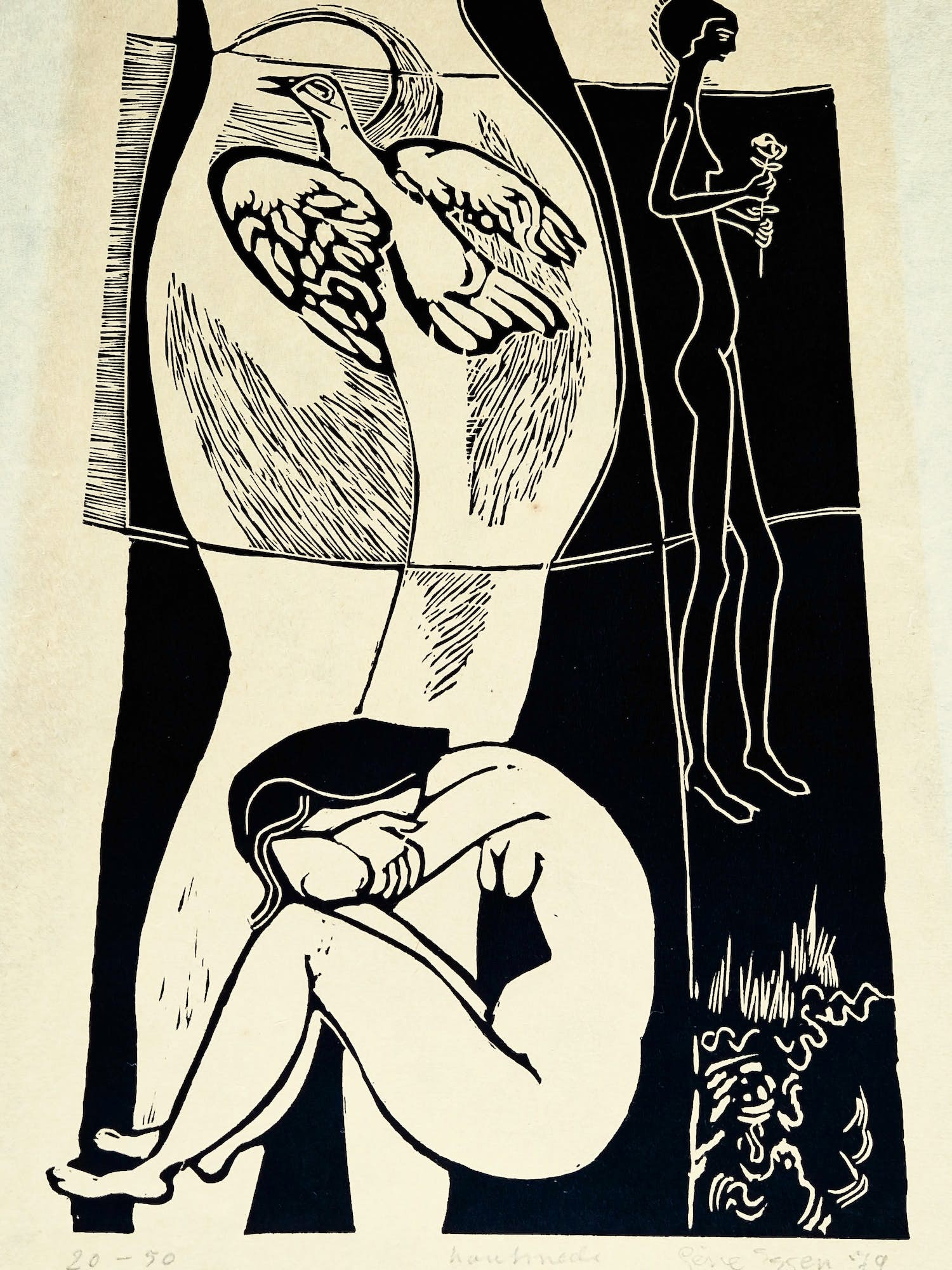 Gene Eggen - Fraai gestileerde zwart-wit Houtsnede "vrouwelijk naakt" oplage 50 stuks verkocht voor € 30!