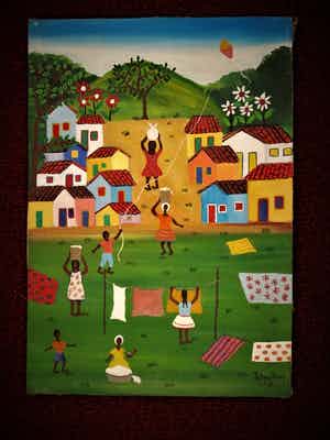 Niet of onleesbaar gesigneerd - Braziliaanse naieve kunst 1978 "Dorp bij Rio de Janeiro" gesigneerd verkocht voor € 10!