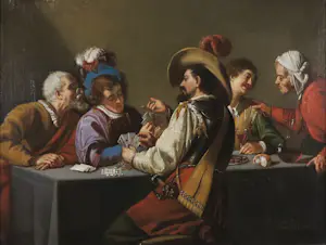 Joseph van Lil - Olieverf op doek, Kaartspelers (kopie naar Theodor Rombouts) - Ingelijst kopen? Bied vanaf 400!