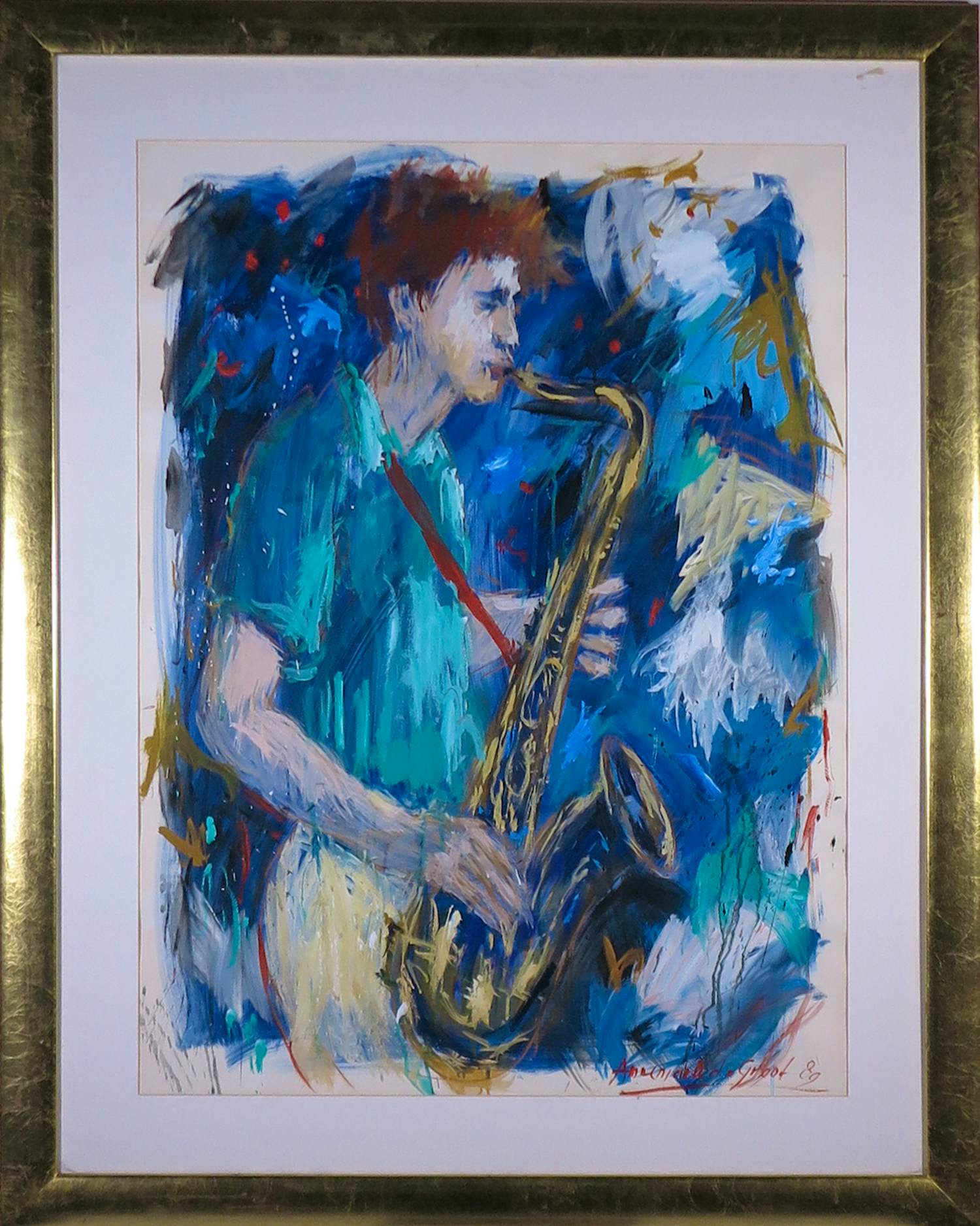 Annemarie de Groot - Acryl op papier, Saxofoon speler - Ingelijst (Groot) kopen? Bied vanaf 200!