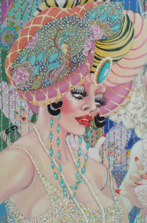 Niet of onleesbaar gesigneerd - J.C. van der Does; Kleurrijke dames op een feestje kopen? Bied vanaf 1!