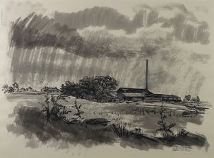 Rinus van der Neut - Inkt op papier, Steenfabriek Gameren - Ingelijst kopen? Bied vanaf 50!