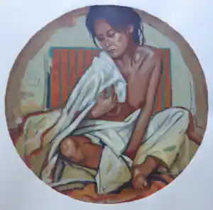 Nico Vrielink - HALFNAAKTE ZITTENDE VROUW / KLEURZEEFDRUK / 62x61cm / SIG vendu pour 45€ !