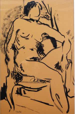 Lili Pieter van Leer - inktschildering op bruin papier - zittend naakt verkocht voor € 175!