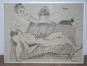 Rob Aussen - 2 naakten op een bank - grote ingelijste tekening kopen? Bied vanaf 65!