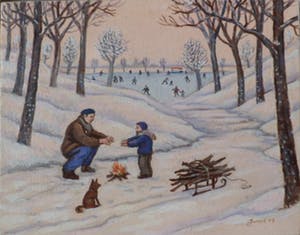 Denny Jacobs - handen warmen - schaatsen op het ijs - naïef realisme. kopen? Bied vanaf 65!