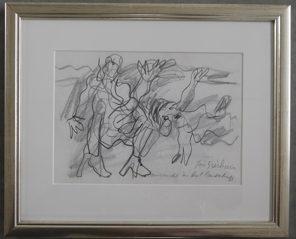 Jan Sierhuis - Dansende in Landschap, Potloodtekening, ingelijst Jan Sierhuis, Dansende in Lan verkocht voor € 140!