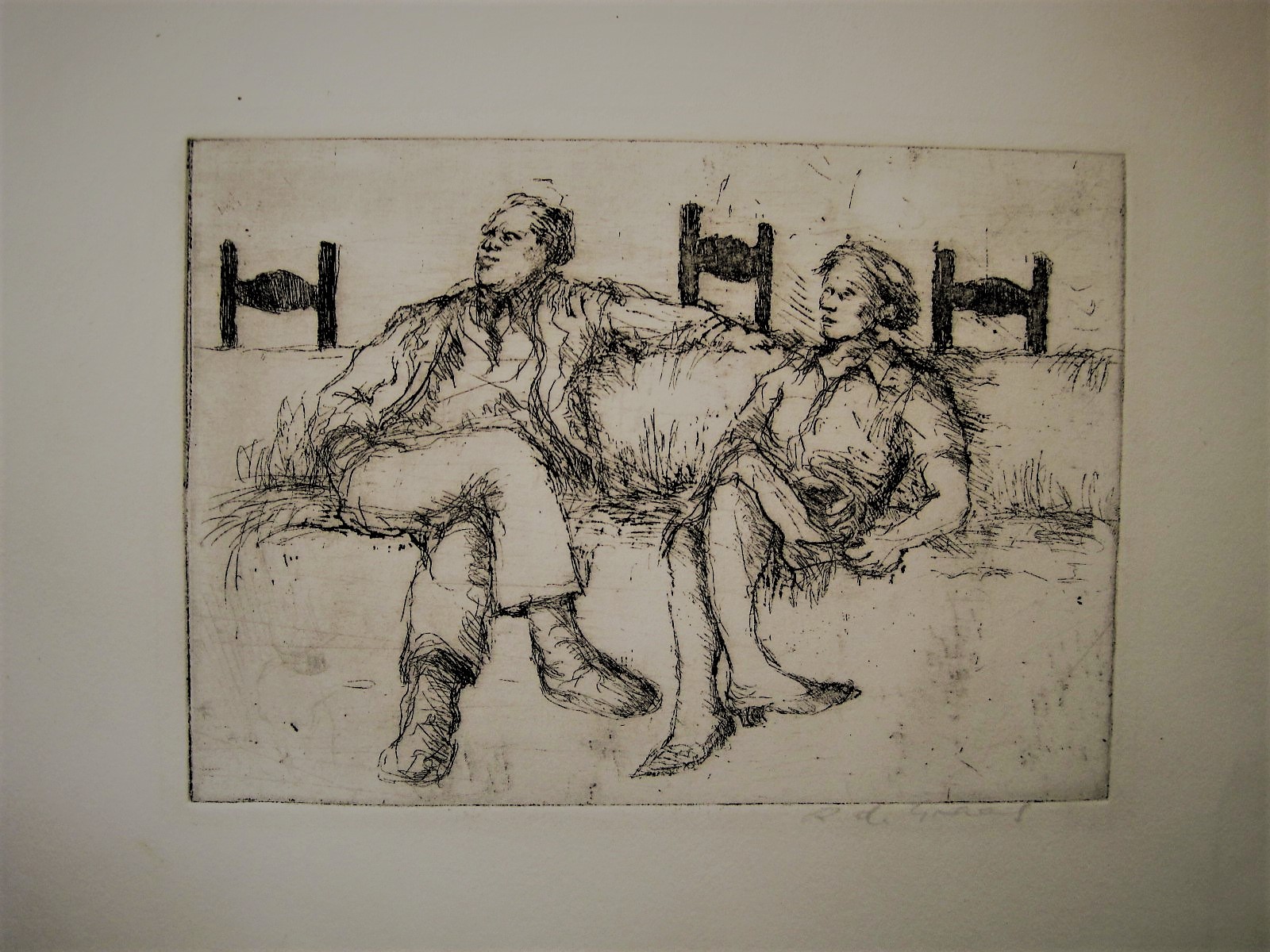 Niet of onleesbaar gesigneerd - Leuke gesigneerde Ets "Echtpaar op de bank"  kopen? Bied vanaf 1!