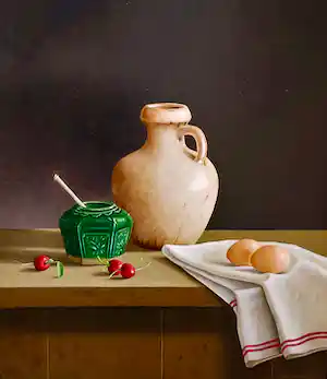 Jan Hoedemakers - Stilleven met kan gemberpotje radijsjes en eieren verkauft für € 495!
