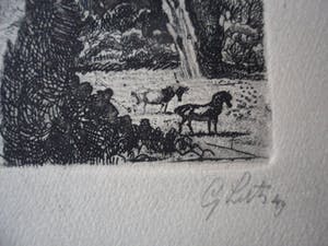 Gerard Lutz - Ets , landschap met paarden. kopen? Bied vanaf 45!