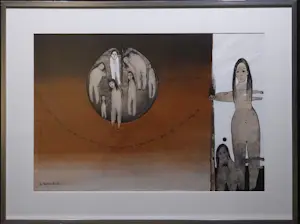 Ans Wortel - Ingelijste gemengde techniek: Hij ziet ons voorvallende vruchten (groot werk!) kopen? Bied vanaf 299!