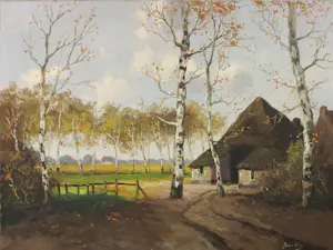 Niet of onleesbaar gesigneerd - Olieverf op doek, Berkenbomen bij een boerderij - Ingelijst kopen? Bied vanaf 1!