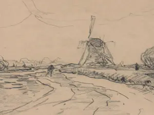 Jan Hillebrand Wijsmuller - Potloodtekening - Schaatser in landschap met molen kopen? Bied vanaf 75!