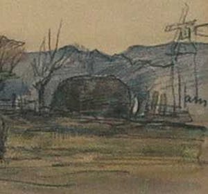 Niet of onleesbaar gesigneerd - Ingekleurde potloodtekening, Dorpsgezicht - Ingelijst kopen? Bied vanaf 1!