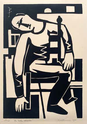 Jan Battermann - linosnede | 'De zieke schilder' | 1955 verkocht voor € 50!