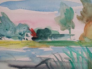 Andre van der Vossen - aquarel - zonder lijst - goede staat - landschap met huisje bij het meer kopen? Bied vanaf 1!