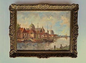 Niet of onleesbaar gesigneerd - Stadsgezicht Singel A'dam met bootjes en Lutherse kerk - Gesigneerd: W. van Dam kopen? Bied vanaf 10!