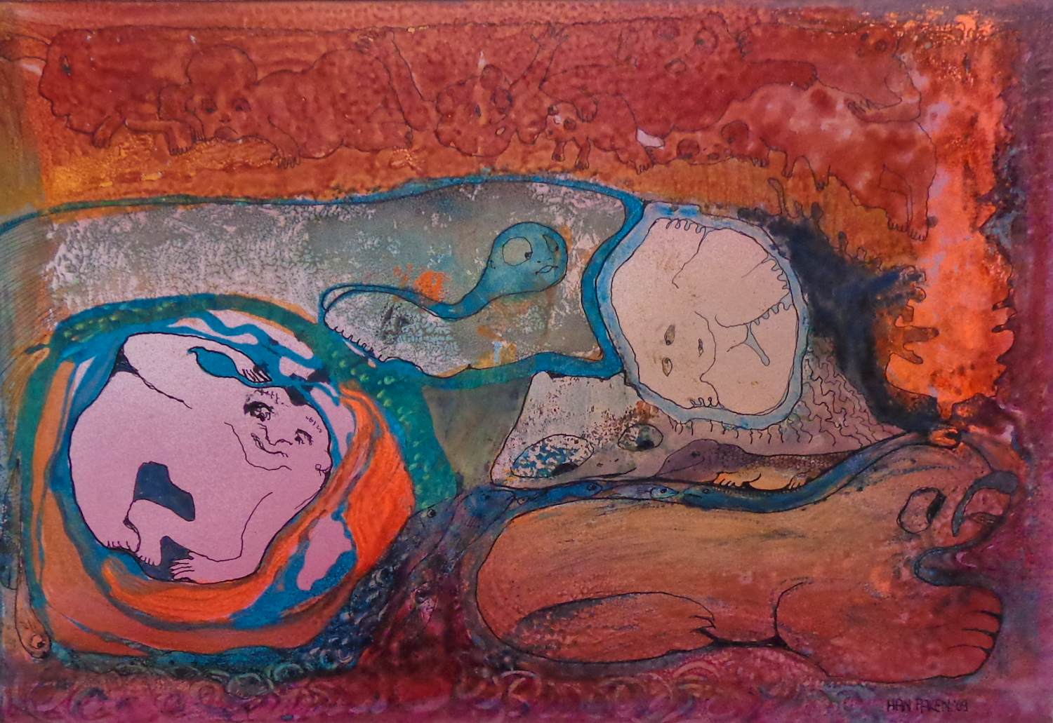 Han Faken - VREEMDE WEZENS / ORIGINEEL WERK / 50x62cm / SIG / 1969 / PASSE-PARTOUT kopen? Bied vanaf 25!