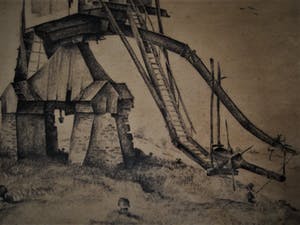 Dirk Kruizinga - oprichter "de Brug" - Grote Houtskool tekening "Weide Molen" gesigneerd kopen? Bied vanaf 10!