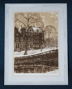 Cornelis Brandenburg - ets uit 1913 - winter in Amsterdam - Spiegelgracht, hoek Prinsengracht - kopen? Bied vanaf 80!