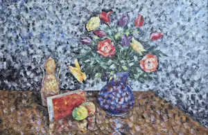 Joseph Szabo - Expressief stilleven met bloemen in blauwe vaas gesigneerd Szabo kopen? Bied vanaf 100!