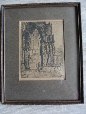Martin van Waning - Ets met de ingang van een kathedraal. kopen? Bied vanaf 20!