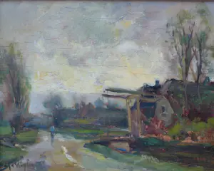 Jan J. van der Stap - Hollands polderlandschap met boerderij en figuur aan de vaart kopen? Bied vanaf 65!