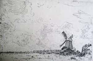 Antoon Derkzen van Angeren - Ets Molen in landschap verkocht voor € 40!