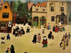 Niet of onleesbaar gesigneerd - Outsider Art olieverf "markt in de stad" naar Bruegel - gesigneerd JOS kopen? Bied vanaf 1!
