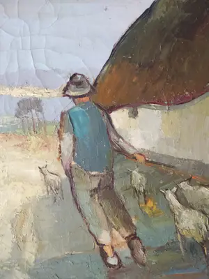 Luc Heirbaut - Boer en schapen met hooimijt in landschap kopen? Bied vanaf 125!