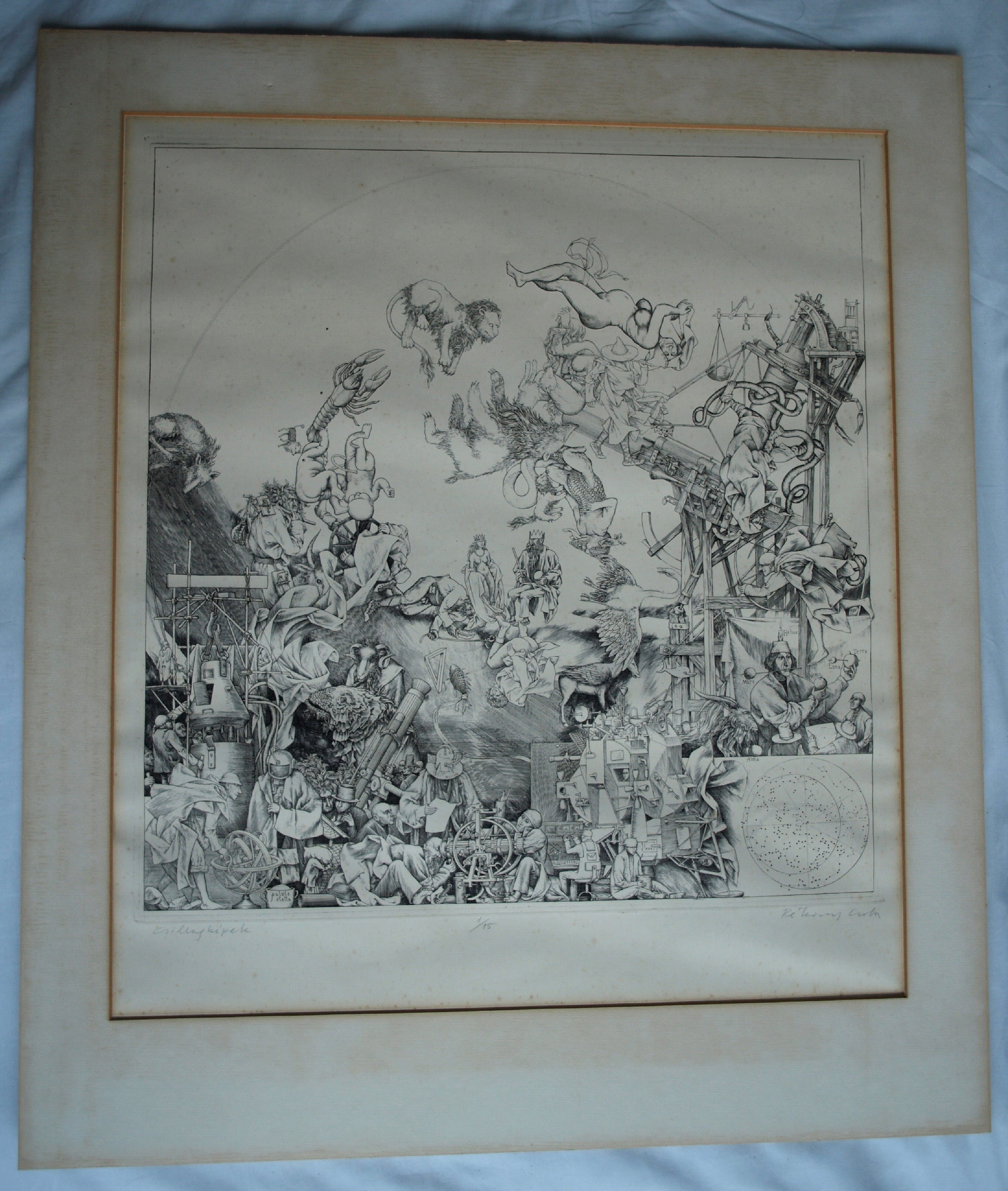Niet of onleesbaar gesigneerd - GROTE ets, “Csillagképek” (Sterrenbeelden) – gesigneerd –ca 1975 – oplage 1 / 15 kopen? Bied vanaf 1!
