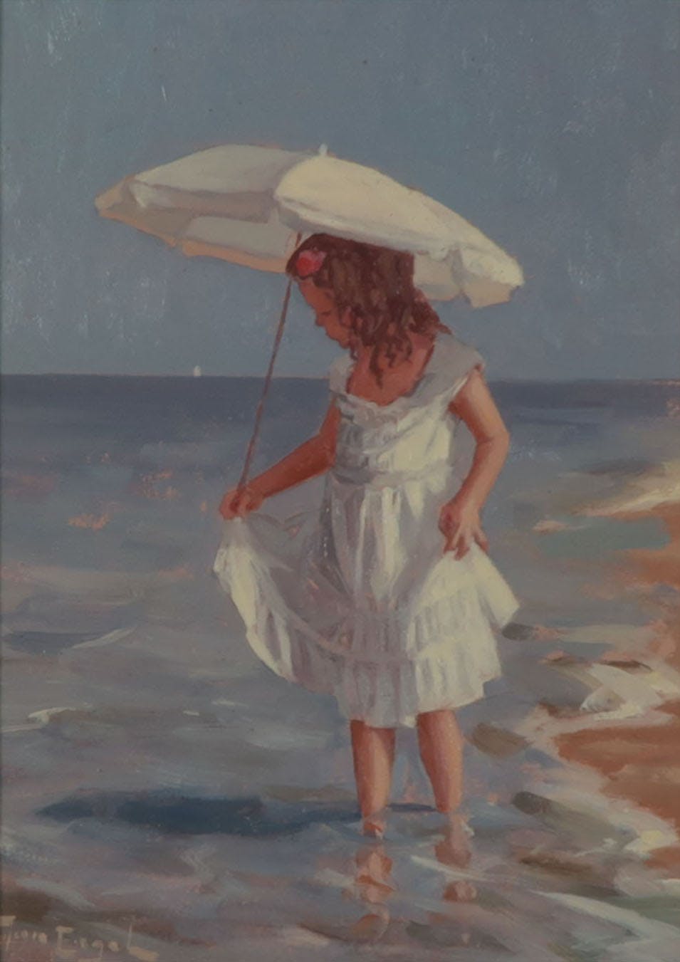 Jan Engel - Olieverf op hardboard, Strandgezicht met kind - Ingelijst kopen? Bied vanaf 175!