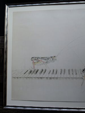 Corstiaan de Vries - (Kleur)potlood-tekening , Sprinkhaan en Bij op piano – ingelijst – 94 x 80 cm kopen? Bied vanaf 1!