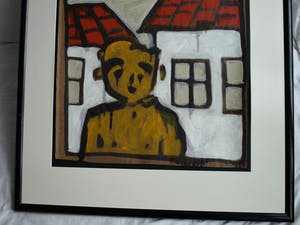 Bart Drost - Ingelijst, acryl op bitumenpapier (pakpapier) , Voor 2 huisjes – ca. 1991 kopen? Bied vanaf 50!