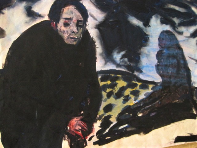 Reinald van den Steene - intrigerend Aquarel "Zelfportret in surrealistisch landschap"gesigneerd kopen? Bied vanaf 1!