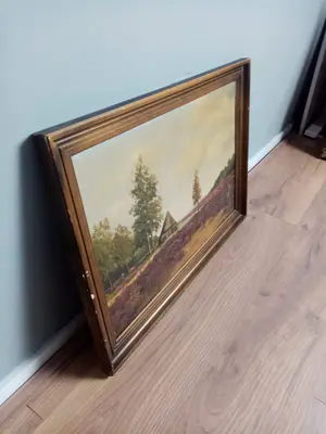 Niet of onleesbaar gesigneerd - Mooi olieverf schilderij van een landschap met een hutje op de hei kopen? Bied vanaf 1!