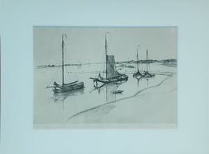 Antoon Derkzen van Angeren - Zeilschepen liggend aan de oever kopen? Bied vanaf 20!