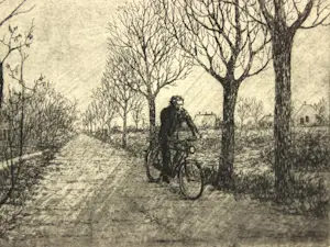 Wim van der Meij - Fietser op verlaten pad met bomenrij kopen? Bied vanaf 20!