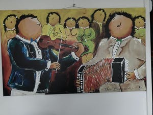 Theo Broeren - Glicée met acryl op doek ‘Muziek spelen’ (ZEER GROOT) kopen? Bied vanaf 90!