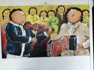 Theo Broeren - Glicée met acryl op doek ‘Muziek spelen’ (ZEER GROOT) verkocht voor € 90!