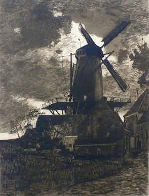Willem Witsen - ets: Korenmolen Wijk bij Duurstede - 1908 verkocht voor € 275!