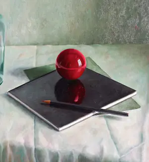 Julien Landa - Stilleven met zwart schrift en potlood, olieverf op paneel (netjes ingelijst) kopen? Bied vanaf 995!