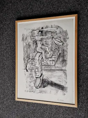 Hannes Postma - Grote in 2009 gemaakte houtskool tekening "la Muze" mooi ingelijst kopen? Bied vanaf 58!