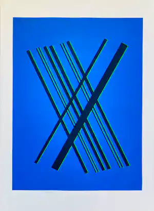 Buy Willem Hussem - Compositie met gekruiste lijnen in blauw, zwart en groen? Bid from 225!