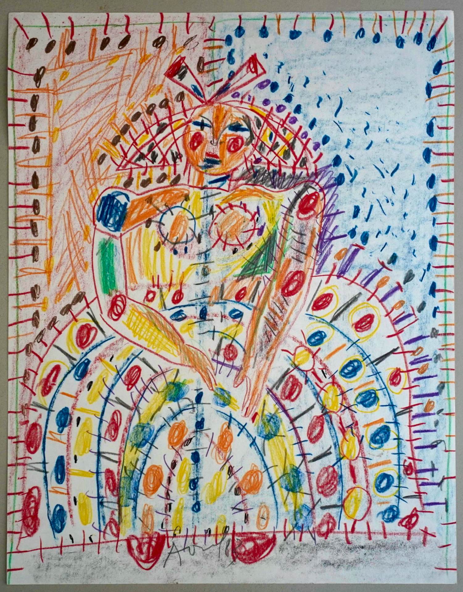 Armand Avril - Kleurrijke gouache (65x50 cm) - Decoratieve zittende figuur met patronen kopen? Bied vanaf 599!