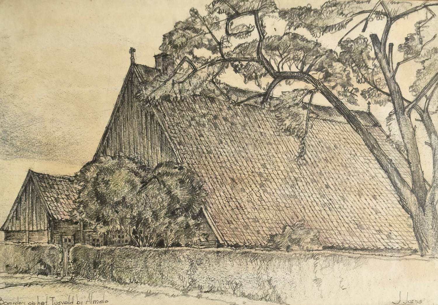 Jan Jans - Boerderij op het Tusveld Almelo - gesigneerde potloodtekening verkocht voor € 59!